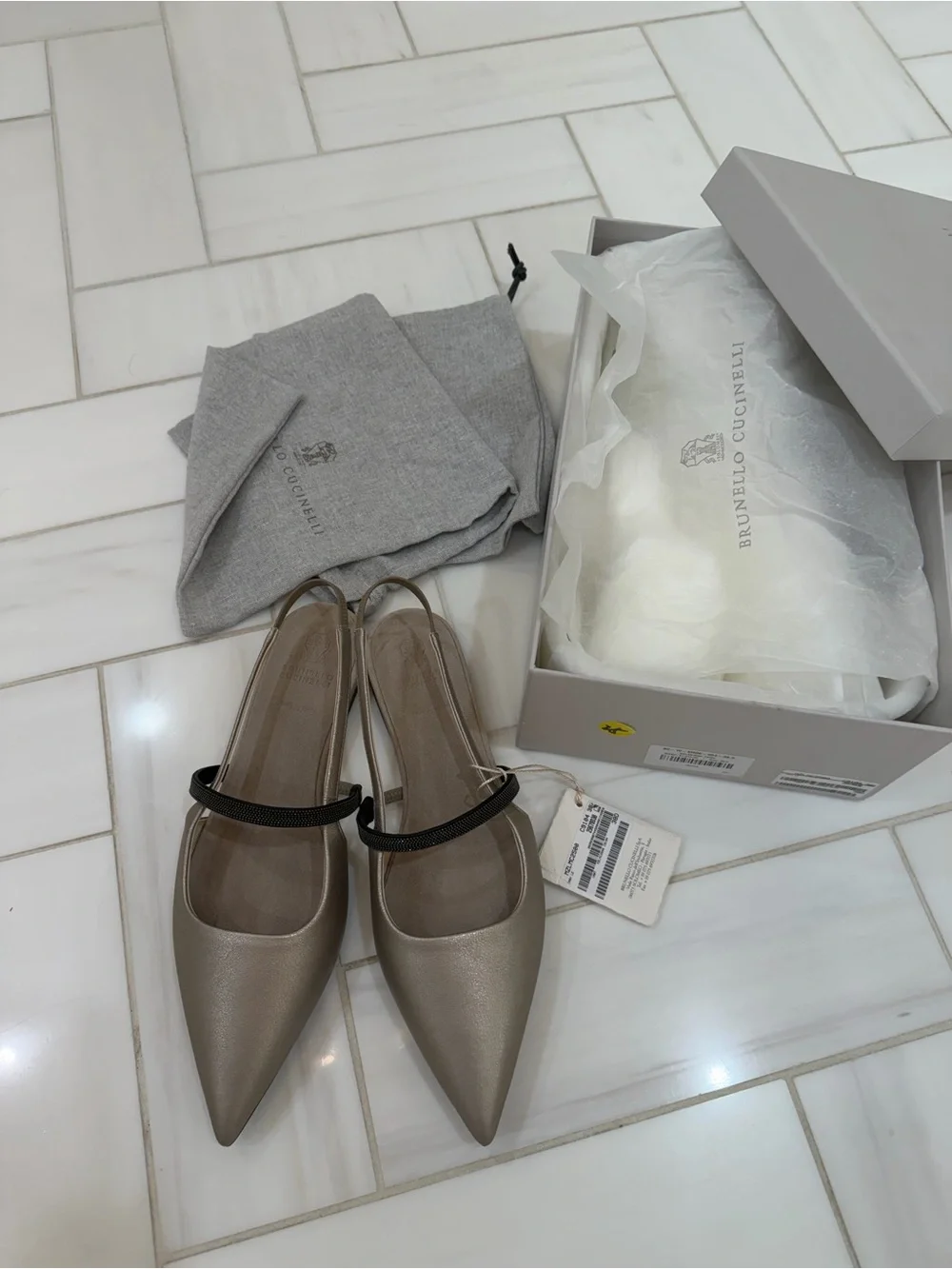 New Brunello Cucinelli Metallic Taupe Pointed Slingback Flats with Black Strap - Picture 1 of 8